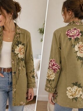 DB Sport Embroidered Floral Utility Jacket Women’s Medium Contemporary Casual Bo